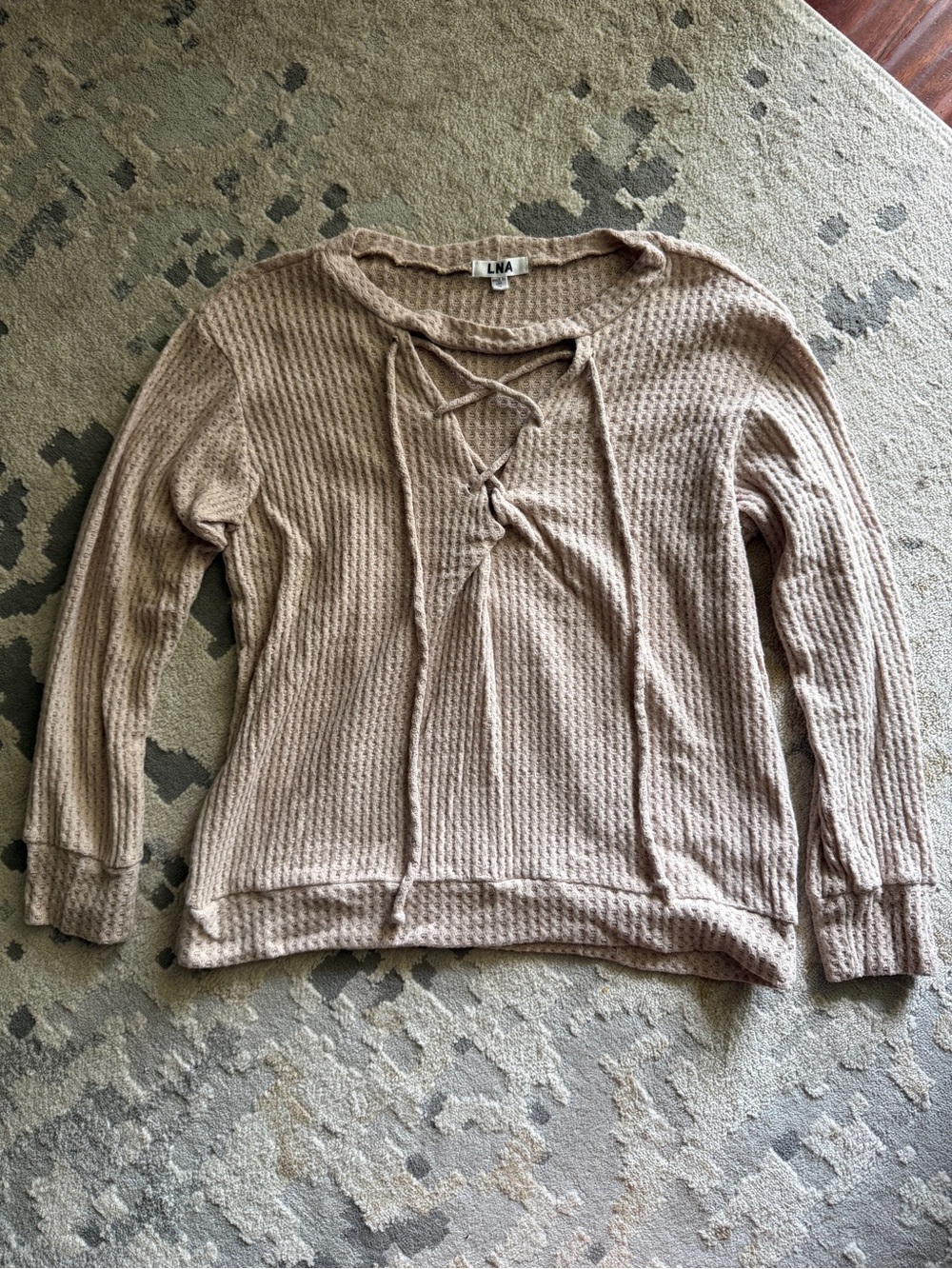 LNA Beige Lace-Up Waffle Knit Pullover